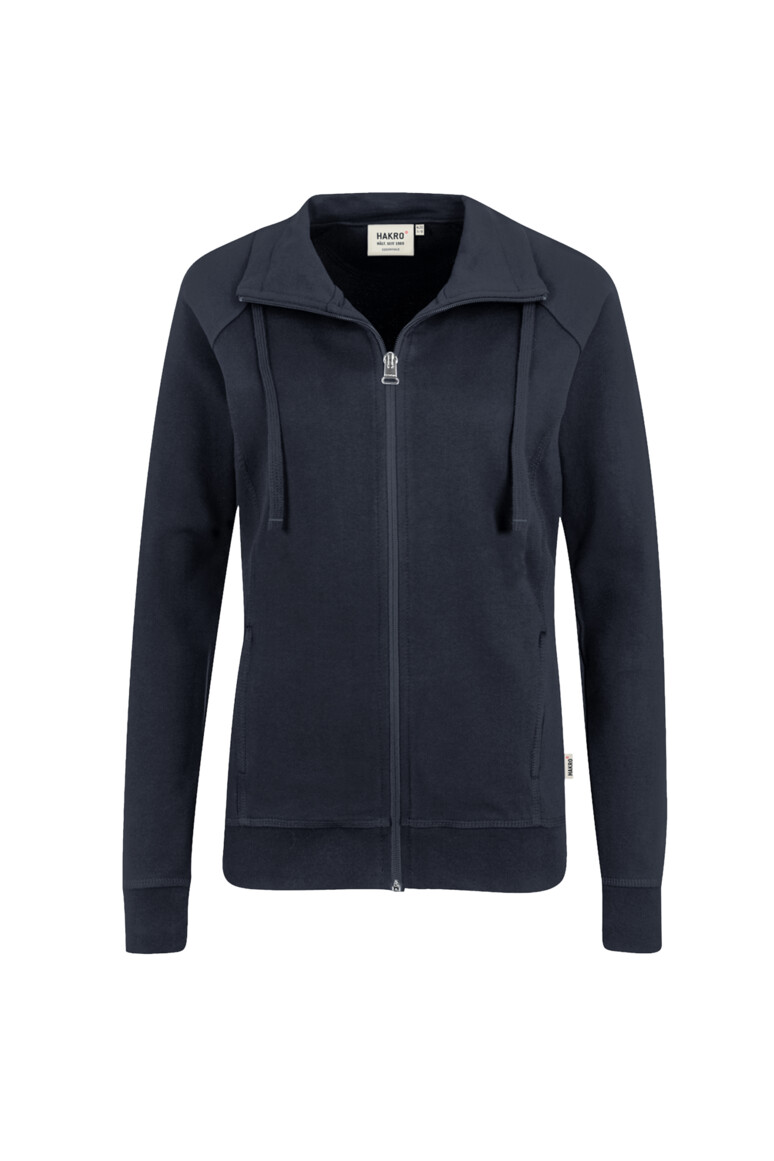 Damen-Sweatjacke mit Stehkragen - Größe: XS Logofarbe: Dunkelblau Textilfarbe: Weiß